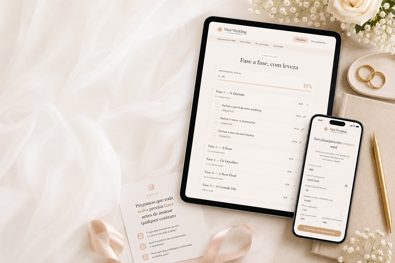 Mini Wedding Planejamento™ aberto em tablet e celular, mostrando checklist e controle de orçamento