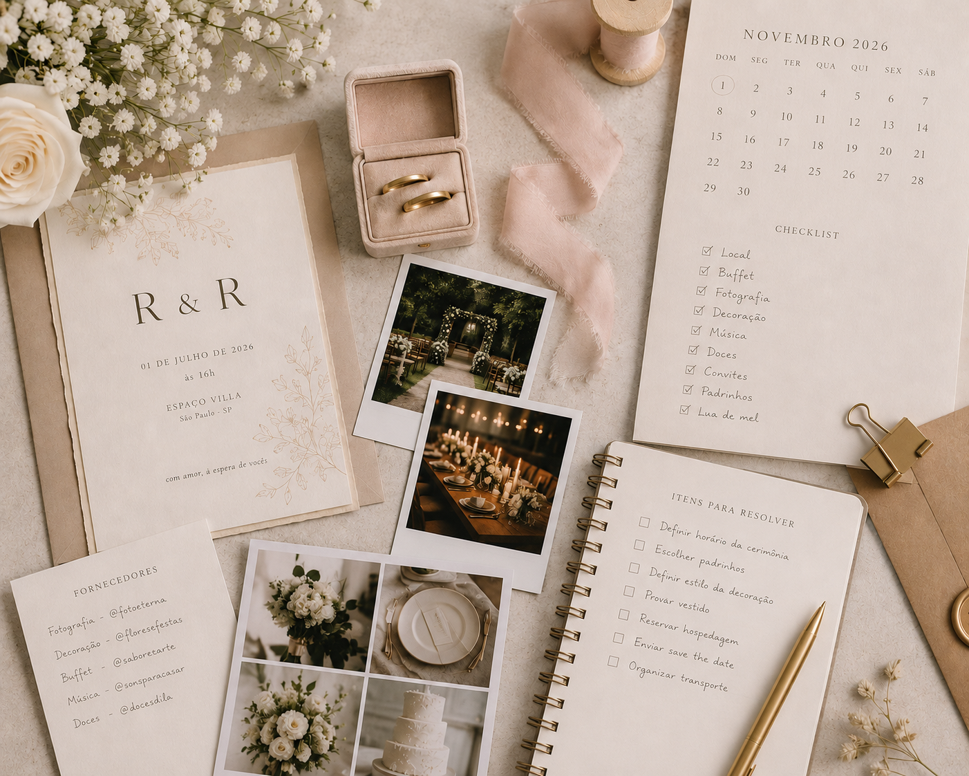Papelaria de casamento com convite, alianças e checklist organizados sobre a mesa